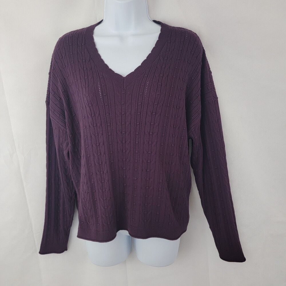 ADRIANNA PAPELL Womens Sz M Sweater Cable Knit Thin Aubergine Preppy Office